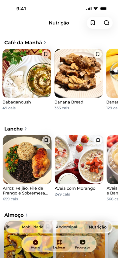 Hibrido+ - Interface de nutrição do aplicativo Hibrido plus exibindo opções de refeição com contagem de calorias para resultados otimizados de fitness