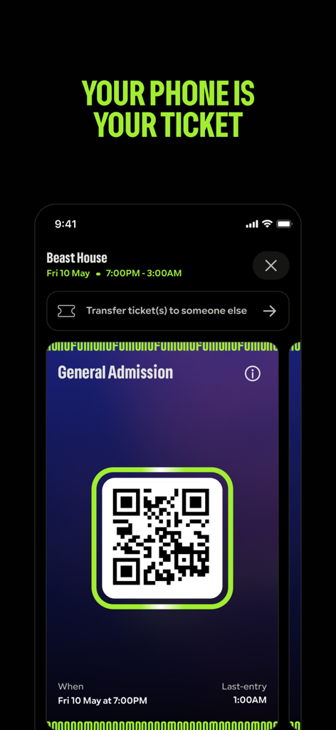 NOFOMO: Saudi Music Events - A mobile app interface displaying a digital ticket with a QR code for a Saudi music event.