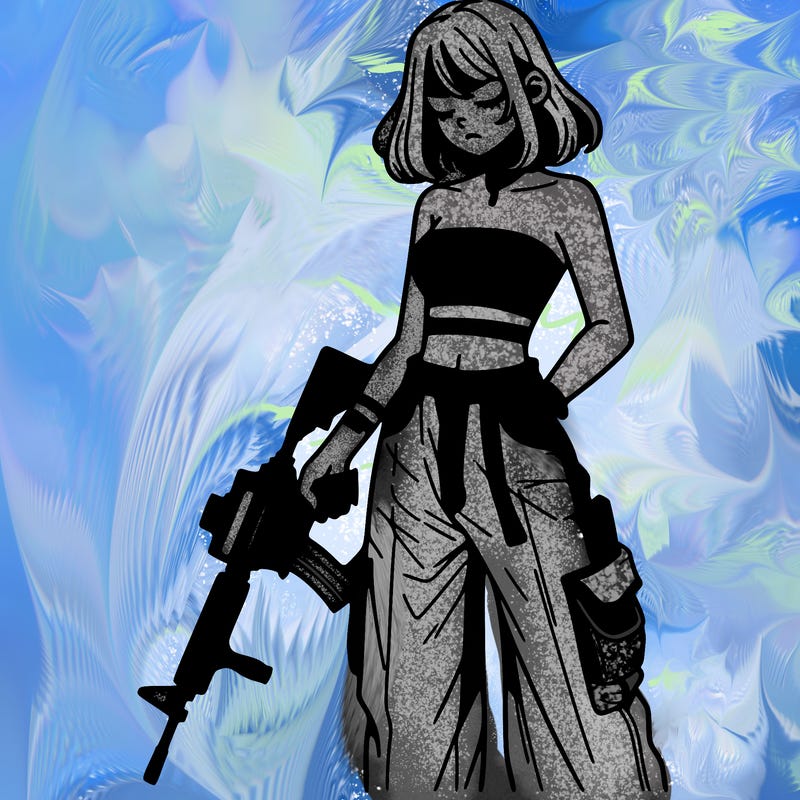 a dangerous girlcrop top and baggy jeans with a rifle in her hand