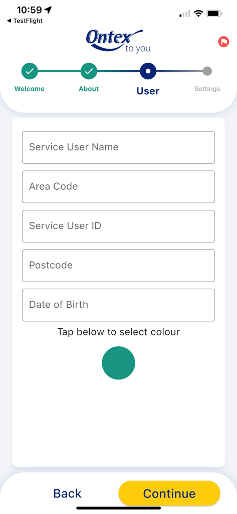 Ontex to you - User setup screen in the Ontex to you app showing registration fields for healthcare product delivery.