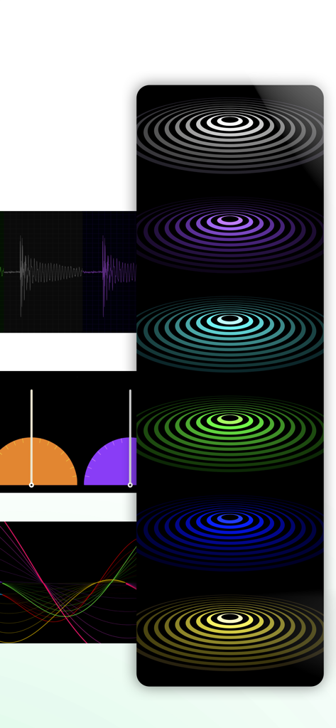 Multiple vibration visualization modes in the Sismo app including colorful concentric circles and waveforms