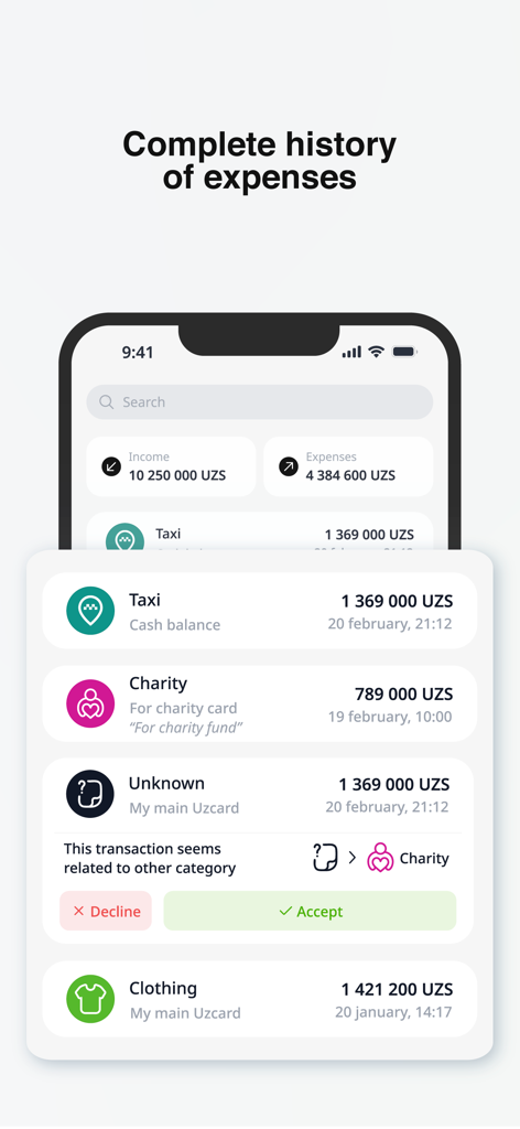 Mobile screen of Karmon AI app showing a list of transactions and expense history in Uzbek Som