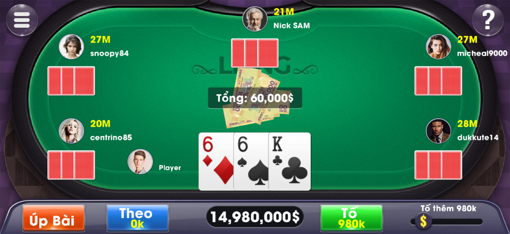 Una pantalla que muestra la jugabilidad de Lieng Cao To con jugadores en una mesa de cartas virtual.