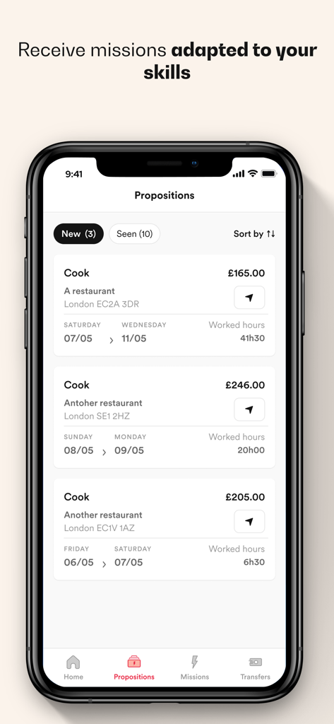 A smartphone displaying the Brigad app interface with available job mission propositions for hospitality workers including pay and location details