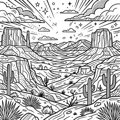 Immerse yourself in the captivating world of desert valleys, reimagined with a vibrant Pop Art twist. This unique coloring page offers bold outlines and dynamic elements for a truly engaging artistic experience.