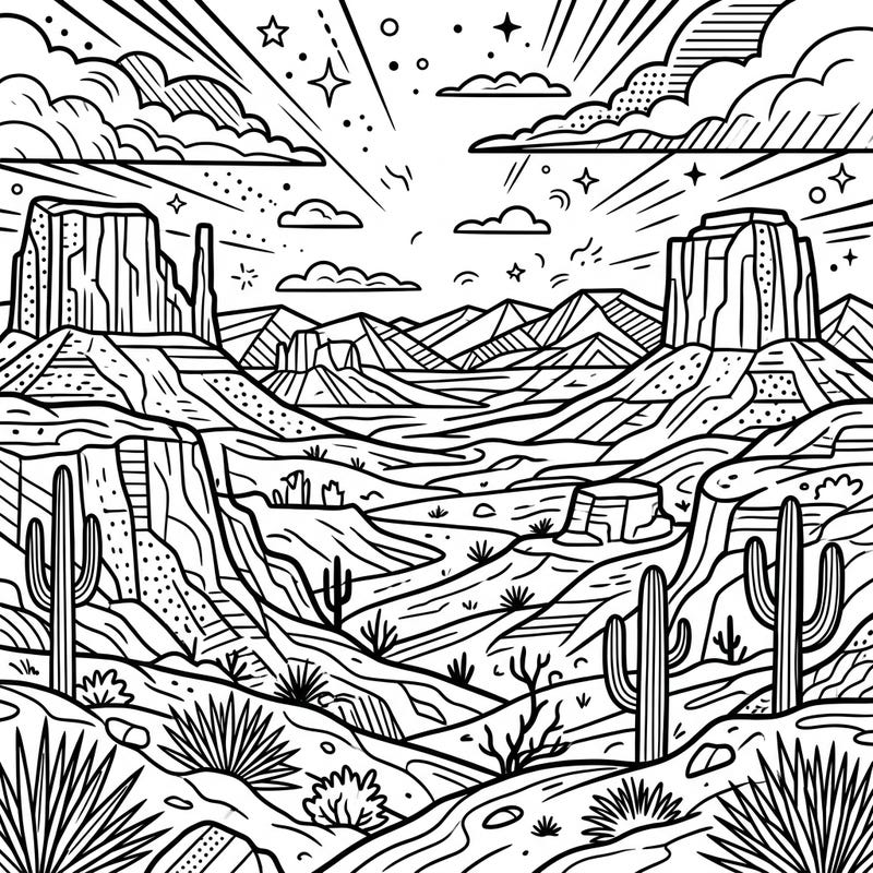 Immerse yourself in the captivating world of desert valleys, reimagined with a vibrant Pop Art twist. This unique coloring page offers bold outlines and dynamic elements for a truly engaging artistic experience.