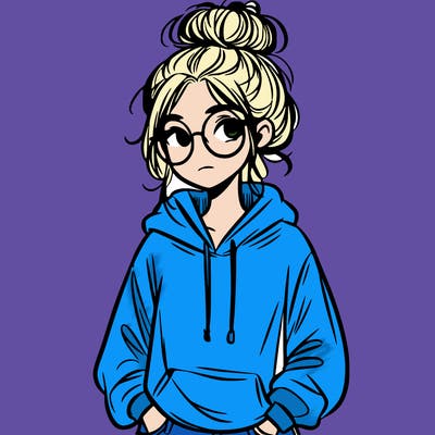 teen girl with a messy bun and glasses wearing a loose hoodie and jeans