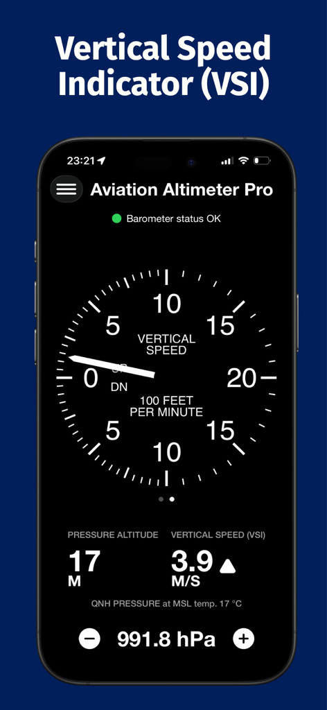 Aviation Altimeter Pro - Aviation Altimeter Pro app displaying a vertical speed indicator dial on a smartphone