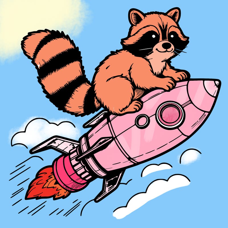 realistic raccoon flying on top rocket ship