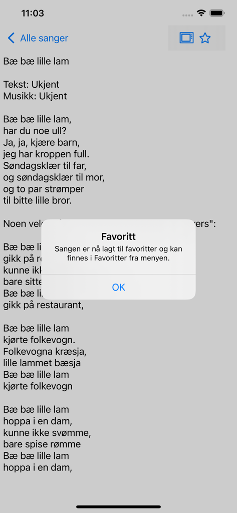 Sangboken - Norwegian lyrics for the song Bae Bae Lille Lam in the Sangboken mobile app