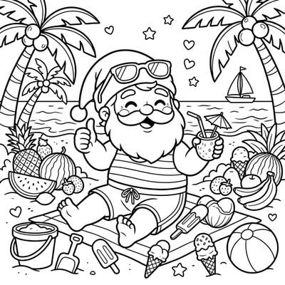Get ready for a unique holiday experience as Santa takes a well-deserved summer break! This delightful coloring page captures the festive spirit of Santa enjoying a tropical beach, complete with all the summery treats.