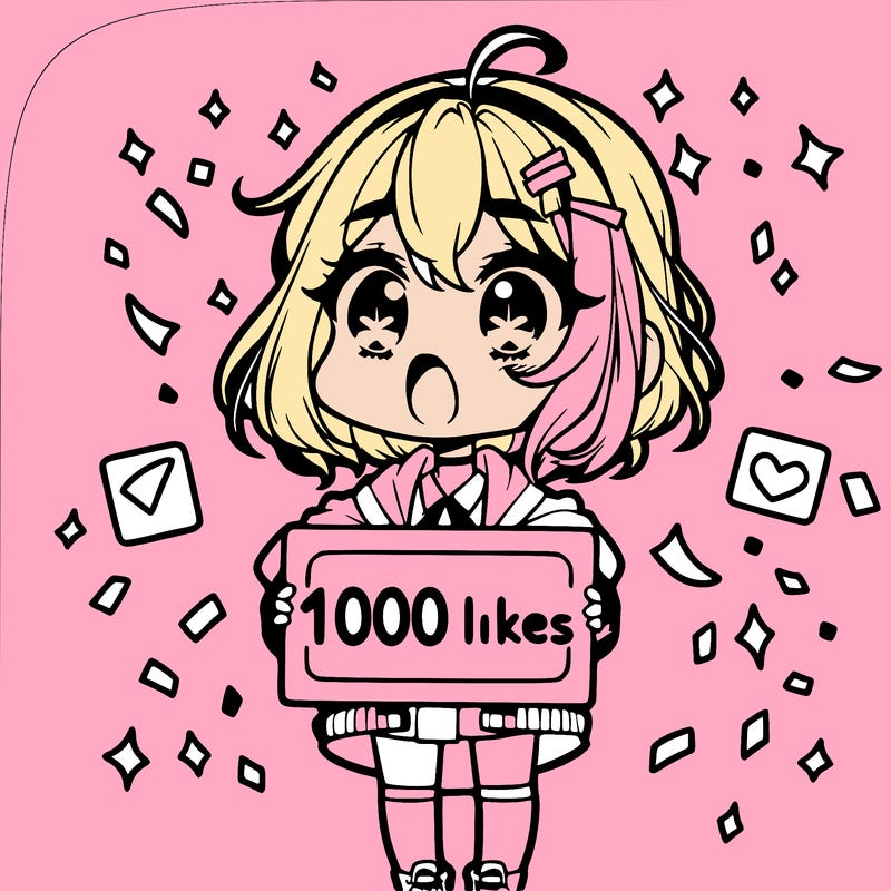 a chibi girl with a shocked expression with a sign that says "1000 likes" with confetti around her