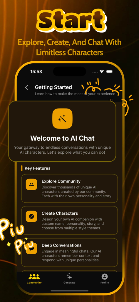 Fitio - Chat, Message - Fitio app welcome screen showcasing key features like explore community, create characters, and deep conversations.