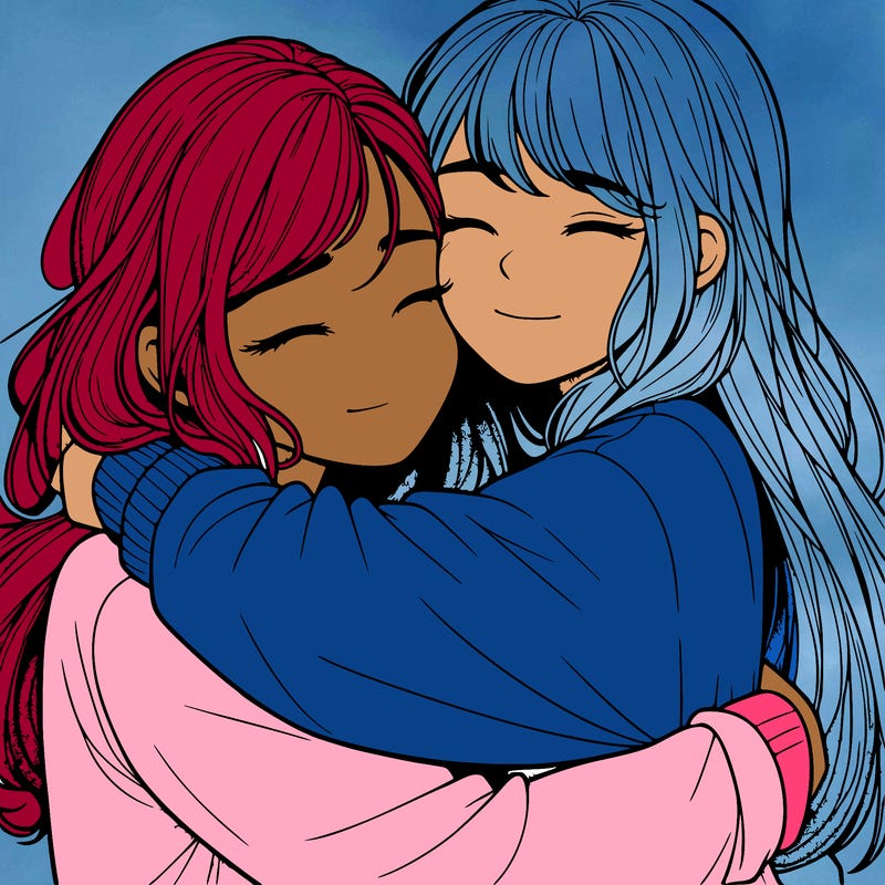 realistic two girls hugging