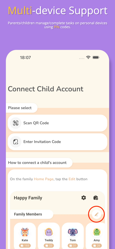Family Rewards: Chore Chart - Interface showing the multi-device support screen to connect a child account using a QR code or invitation code