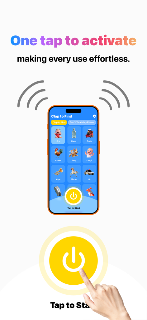 A mobile interface for the ClapTrack app showing a one tap activation button and various sound icons to find a lost phone