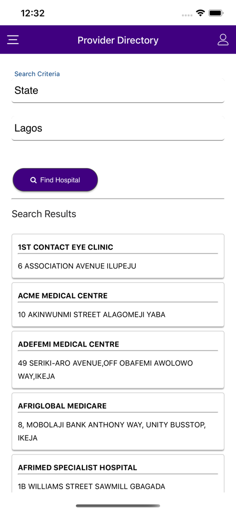 Schermata della directory dei fornitori dell'app Prohealth che mostra un elenco di ospedali e centri medici.