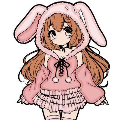 pretty anime girl wearing a fluffy hoodie with bunny ears on the hood and a skirt