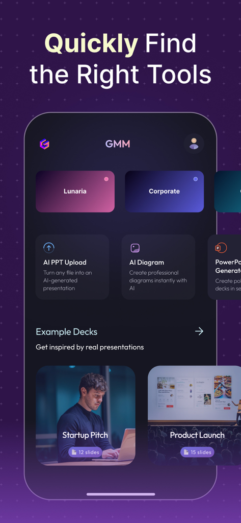 GMM AI App: AI Slides & PPT - GMM AI app screen showing tools for AI PPT upload and example presentation decks for startup pitches and product launches.