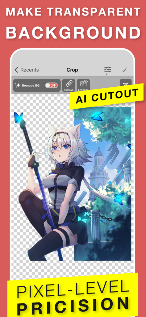 Superimpose+:Background Eraser - Screenshot of Superimpose plus app demonstrating AI cutout feature to make a transparent background for an anime character