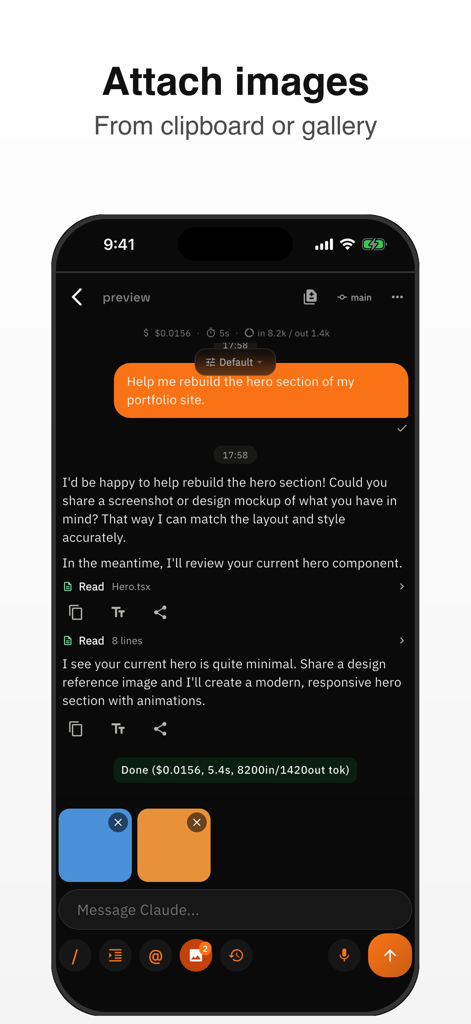 CC Pocket: Dev Agent Remote - Mobile interface of CC Pocket showing how to attach images from the gallery to an AI coding agent session
