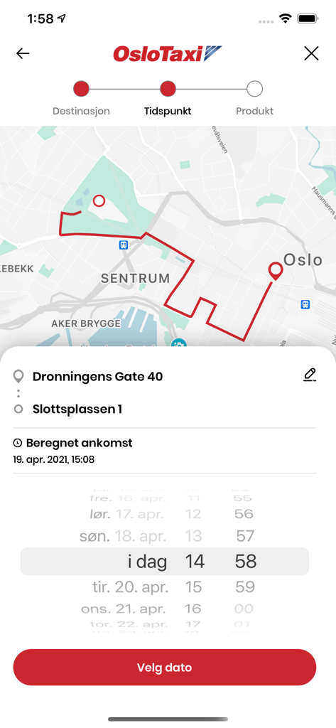 Taxifix - Taxifix app screen for scheduling a taxi ride in Oslo with map and date picker