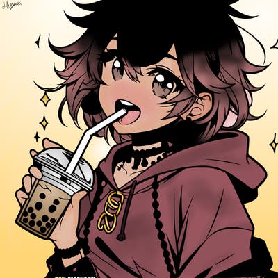 hot baddie anime girl drinking boba and biting the straw