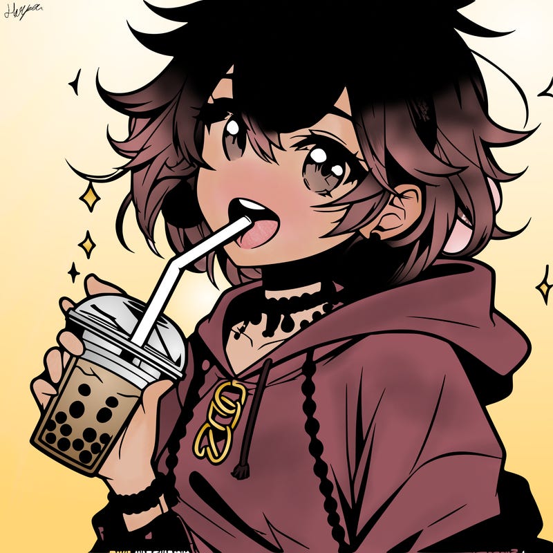 hot baddie anime girl drinking boba and biting the straw