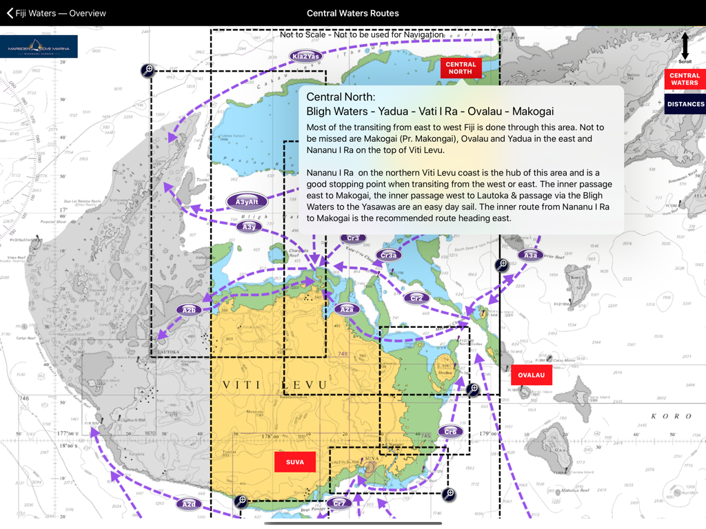Nautical chart showing sailing routes in central Fiji waters