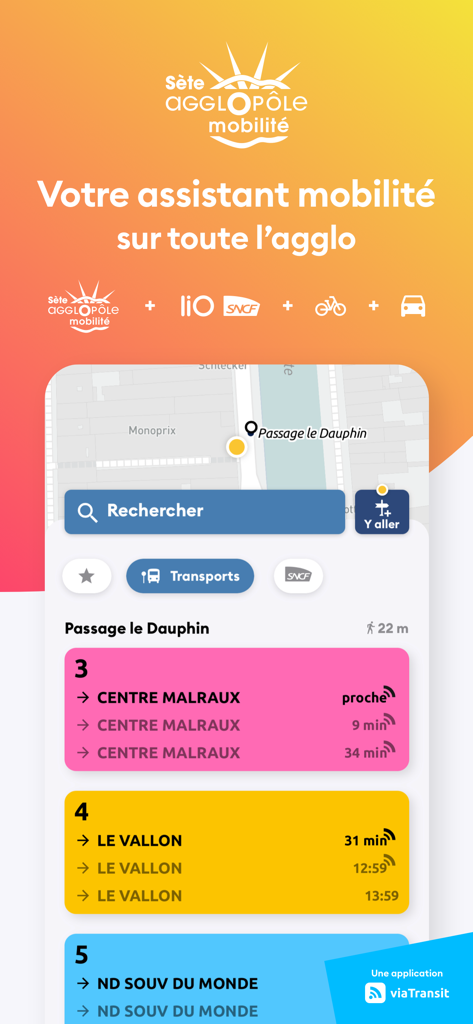 Sète Agglopôle Mobilité - Interface de l'application mobile Sète Agglopôle Mobilité affichant les horaires d'arrivée des bus en temps réel et la carte des transports
