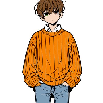 manga teenage boy with oversized sweater and jeans hands out of pockets.