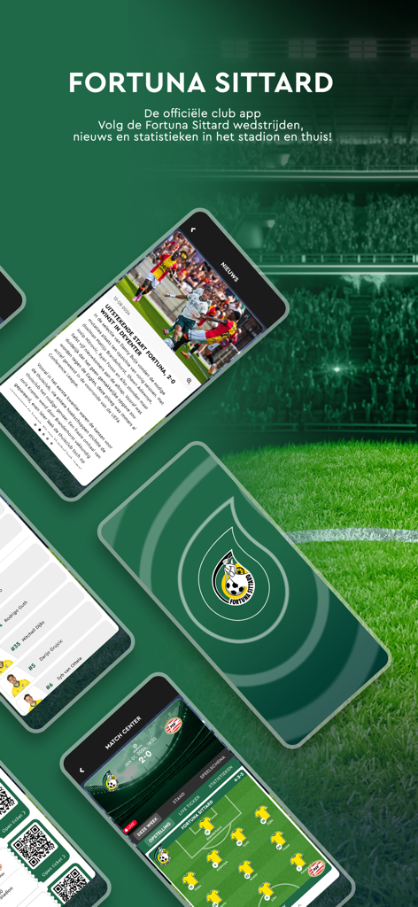 Fortuna Sittard - Imagen promocional de la aplicación oficial del club Fortuna Sittard mostrando estadísticas de partidos, artículos de noticias y entradas digitales.