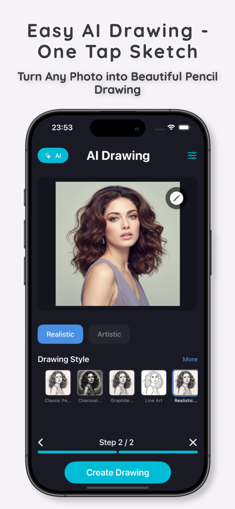 Interfaz de la aplicación Foto a Dibujo que muestra opciones de boceto a lápiz con IA y una foto de retrato