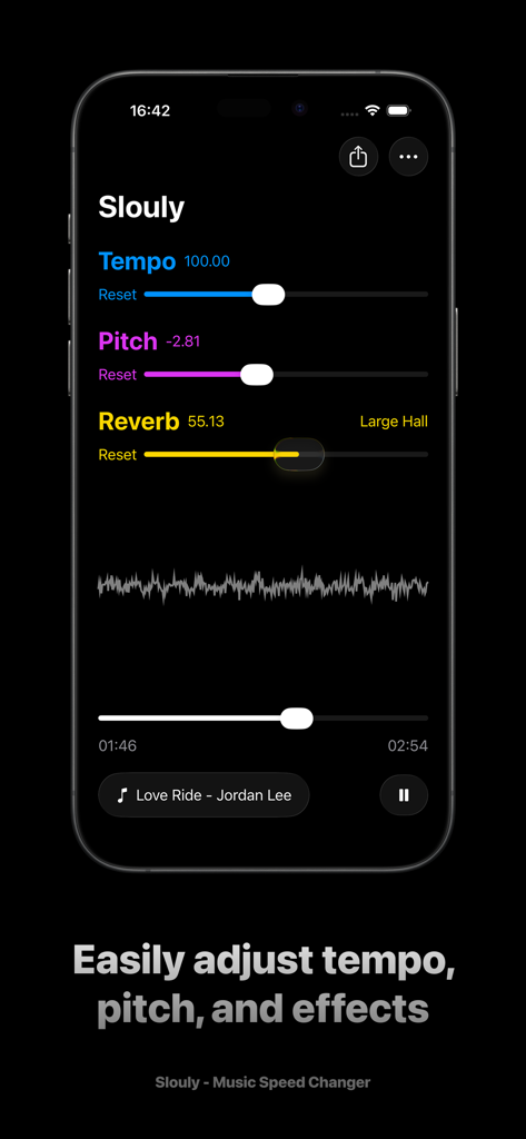 Slouly - Music Speed Changer - Interface of Slouly app on iPhone displaying controls for tempo pitch and reverb adjustment with a waveform