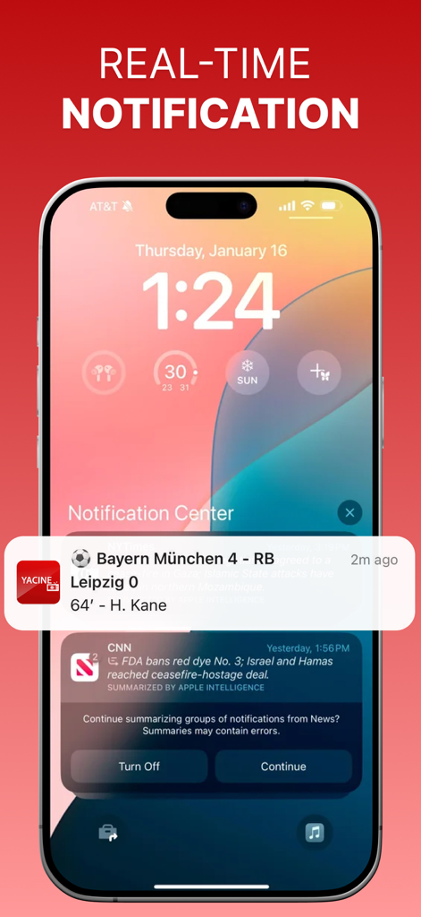 Yacine Live Score TV Player - Sperrbildschirm eines Smartphones zeigt eine Echtzeit-Fußballergebnisbenachrichtigung für ein Spiel zwischen Bayern München und RB Leipzig.