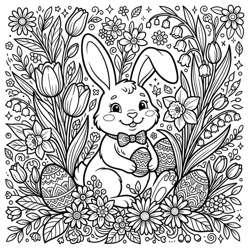 Hop into spring with this enchanting coloring page, starring a delightful Easter bunny amidst a garden of blooming flowers. Discover intricate details and bring this joyful scene to life with your favorite colors.