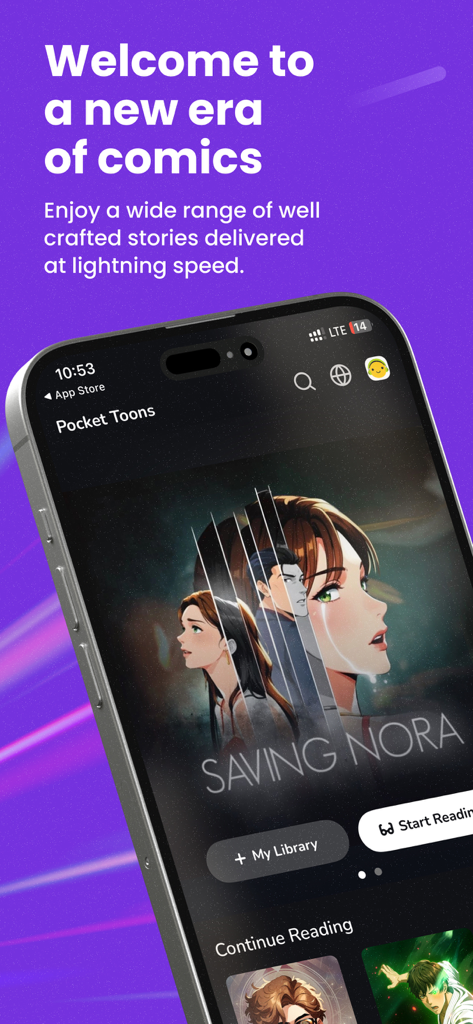 Pocket Toons: Webtoons & Manga - Home screen of Pocket Toons app featuring the comic Saving Nora.