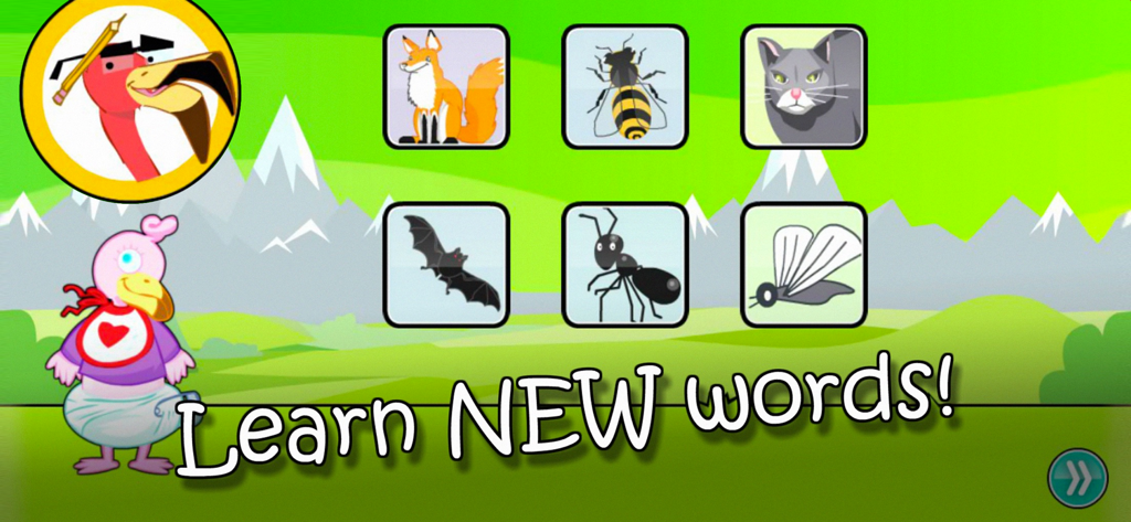 English for Kids - Preschool - Educational game screen from Mingoville Preschool showing animal icons and the text Learn NEW words