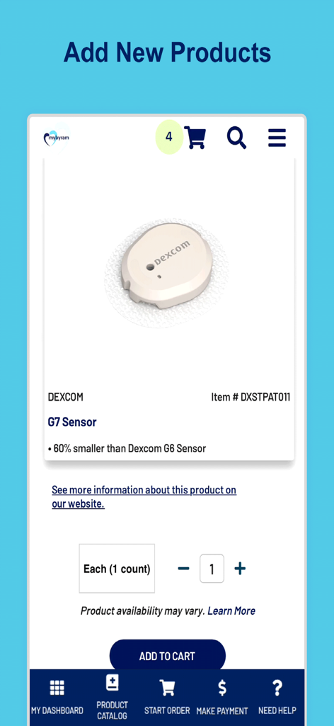 Interface of the mybyram app showing a Dexcom G7 Sensor product page with an Add to Cart button