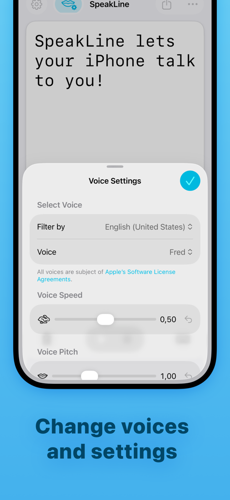 SpeakLine – Text to Speech - SpeakLineアプリのボイス設定画面、iPhoneでボイス、スピード、ピッチを調整するオプションが表示されています