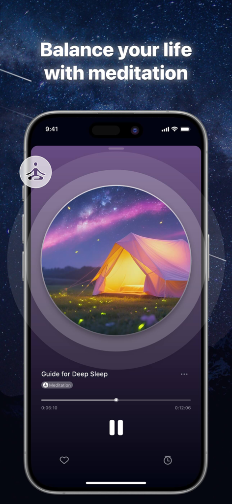 Sleep Sound: Relax White Noise - Sleep Sound app screen featuring a Guide for Deep Sleep meditation session with a serene night landscape.
