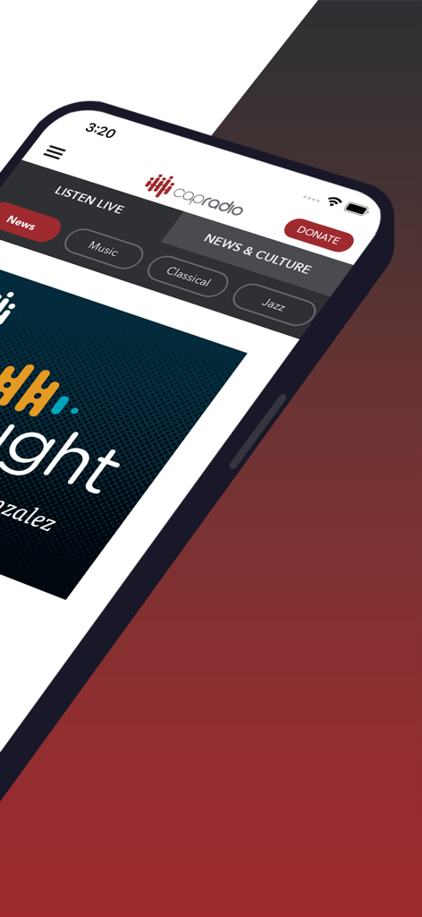 Capital Public Radio app showing news and culture live stream options