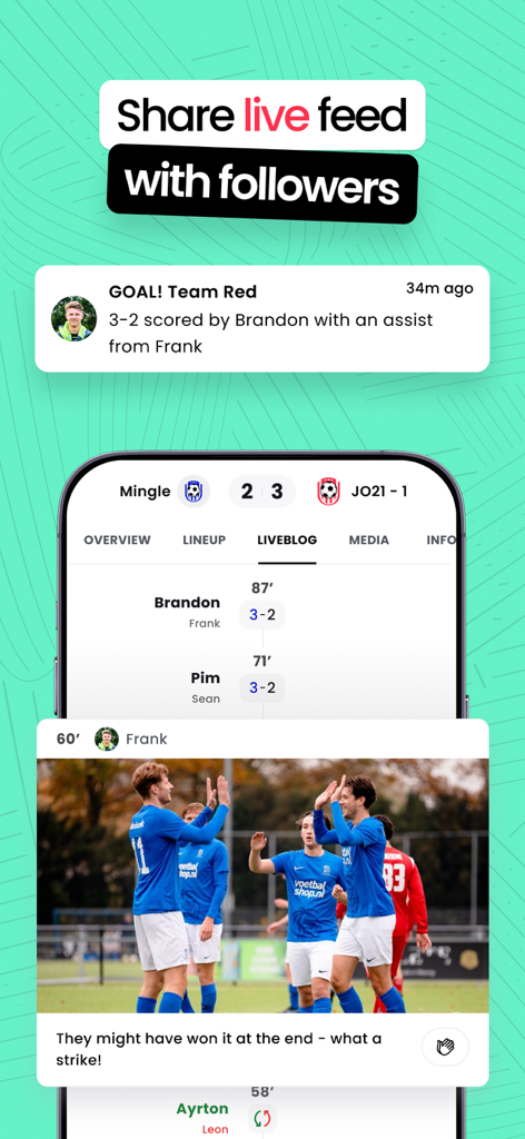 Interface of the Mingle Sport app showing a live soccer match blog with goal notifications and player celebration photos