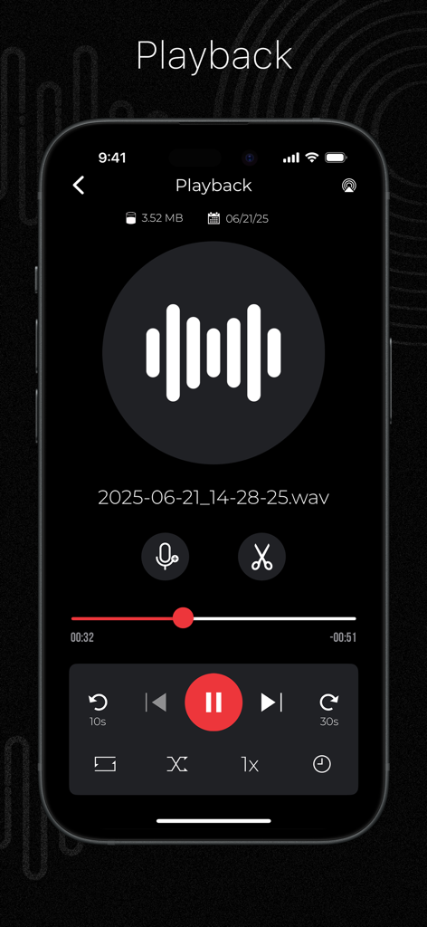 Audio Recorder Pro and Editor - Tela de reprodução do aplicativo Gravador de Áudio Pro, apresentando uma visualização de forma de onda e controles de edição de áudio.