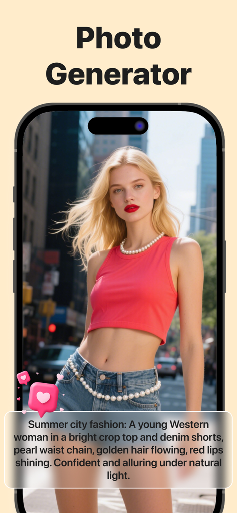 설명 텍스트 프롬프트와 함께 도시 패션의 젊은 여성을 표시하는 AI 사진 생성기 인터페이스