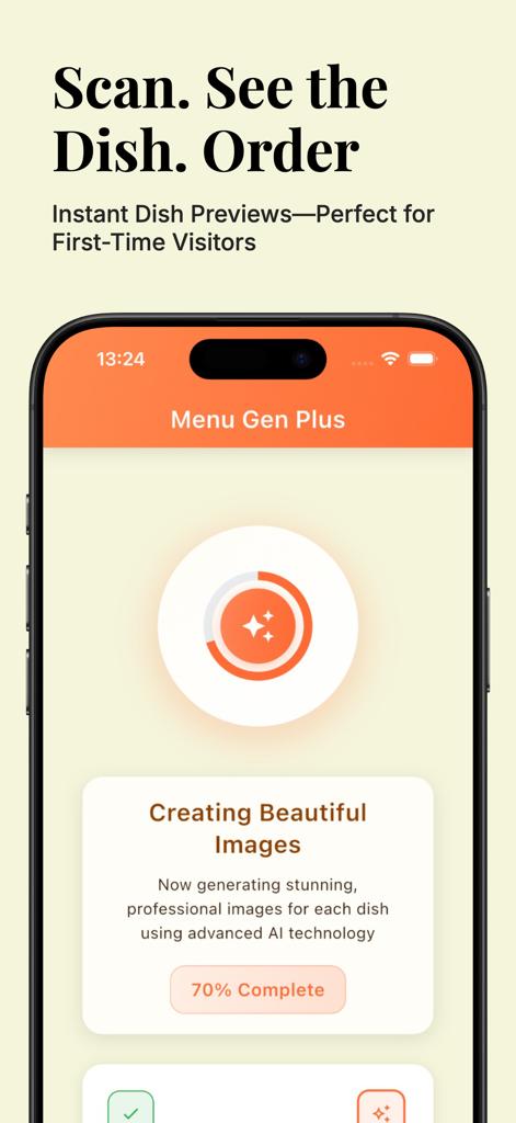 MenuGen app screen displaying AI generation of professional food images for digital menus