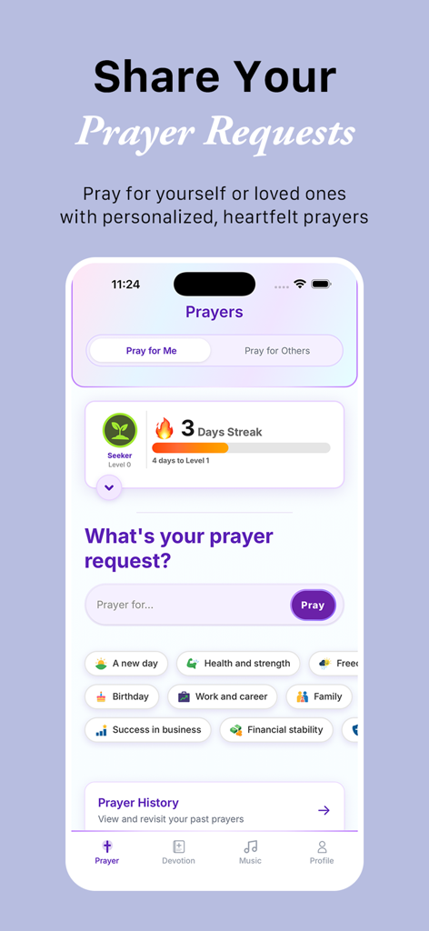 Altar: Prayer & Devotional - Altar app screen showing prayer request categories and a three day prayer streak