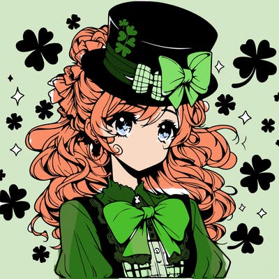 a manga-style girl with clovers around her, a little hat in her hair, like it's saint patrick's day