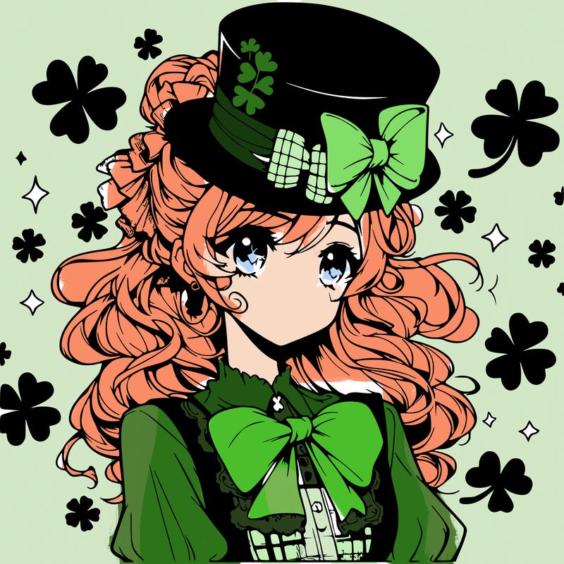 a manga-style girl with clovers around her, a little hat in her hair, like it's saint patrick's day