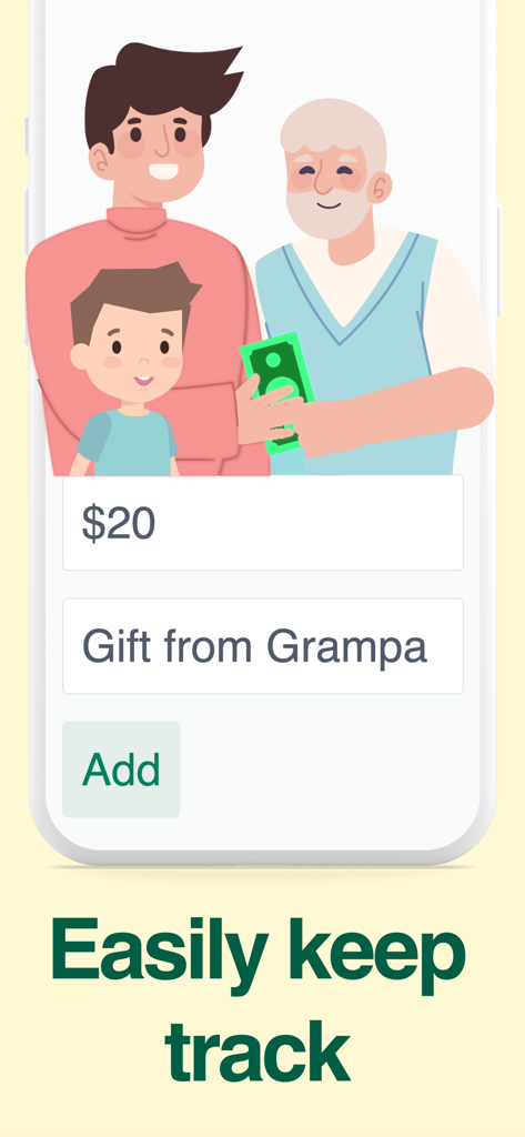 Piggy Bank Kids - Bomad - Interface of the Bomad app showing a child receiving a cash gift from a grandfather with a digital tracker to log the amount.